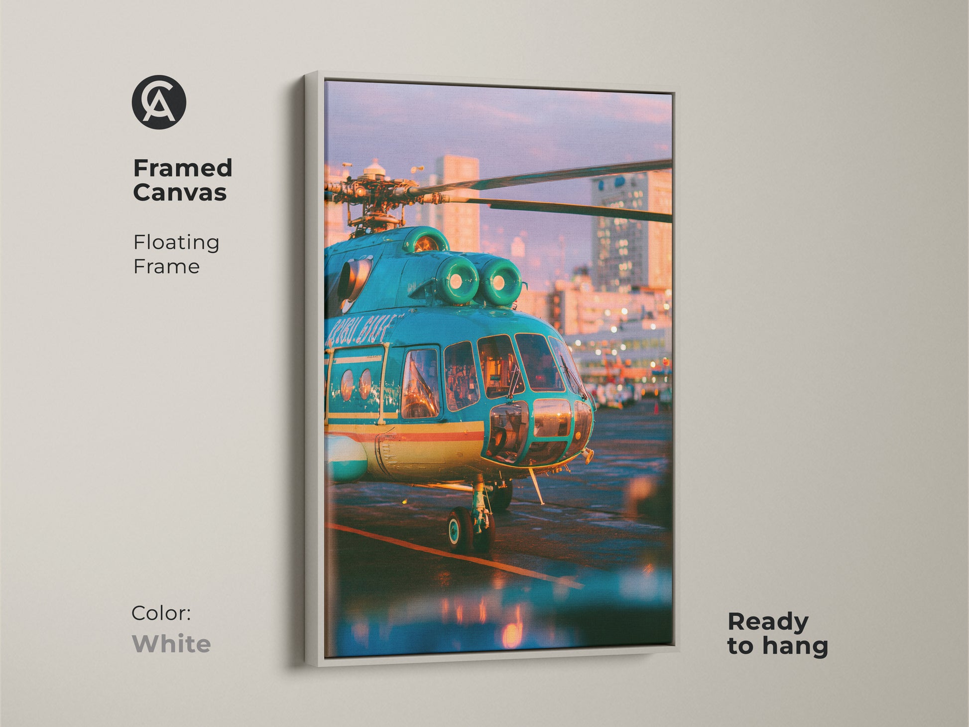 A framed canvas artwork featuring a teal helicopter at sunset. The floating white frame gives a clean look to the artwork. Ready to hang this piece brightens any space. Perfect for aviation enthusiasts. Bring a touch of aviation into your home with this beautiful artwork.