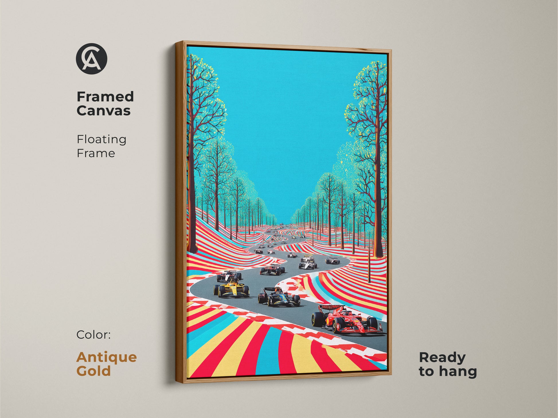 An antique gold frame highlights this canvas art of a Formula 1 race. The floating frame adds elegance to the contemporary abstract artwork. Ready to hang it's perfect for motorsport enthusiasts. The vibrant colors bring life to any office or home. Enjoy this unique blend of speed and style.