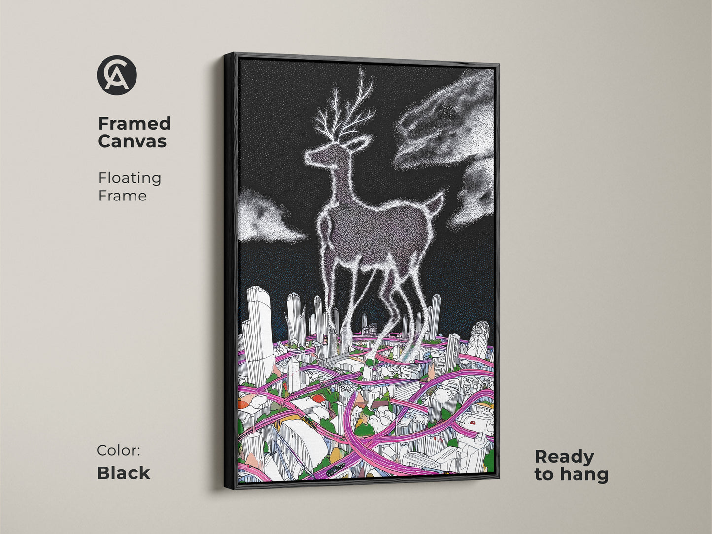 Framed canvas art of a surreal deer cityscape. The floating frame is black. This contemporary artwork combines a deer with a detailed cityscape. It is a modern art piece perfect for adding a unique touch to your home decor.
