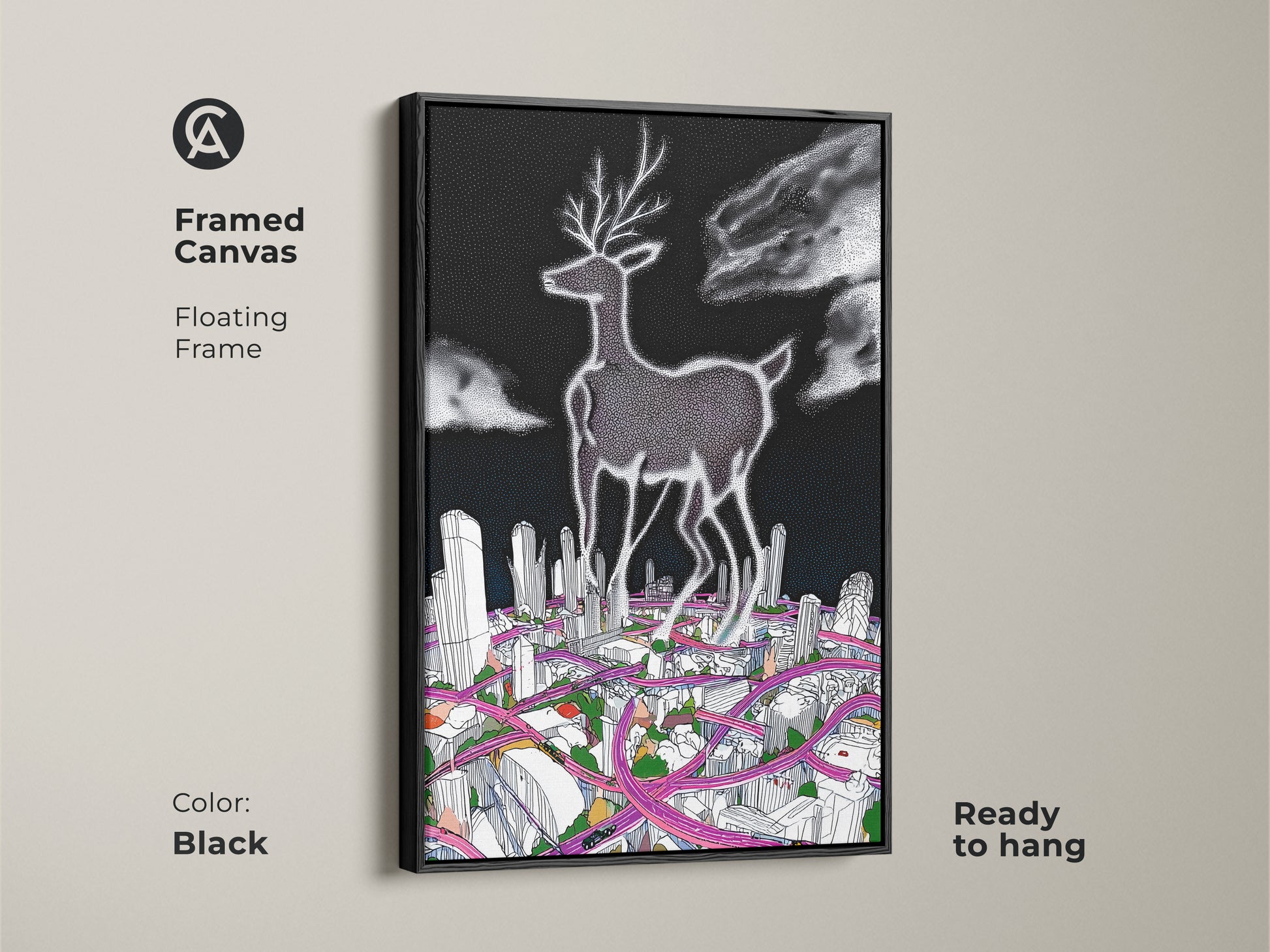 Framed canvas art of a surreal deer cityscape. The floating frame is black. This contemporary artwork combines a deer with a detailed cityscape. It is a modern art piece perfect for adding a unique touch to your home decor.