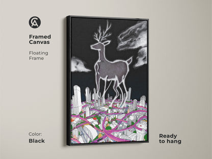 Framed canvas art of a surreal deer cityscape. The floating frame is black. This contemporary artwork combines a deer with a detailed cityscape. It is a modern art piece perfect for adding a unique touch to your home decor.