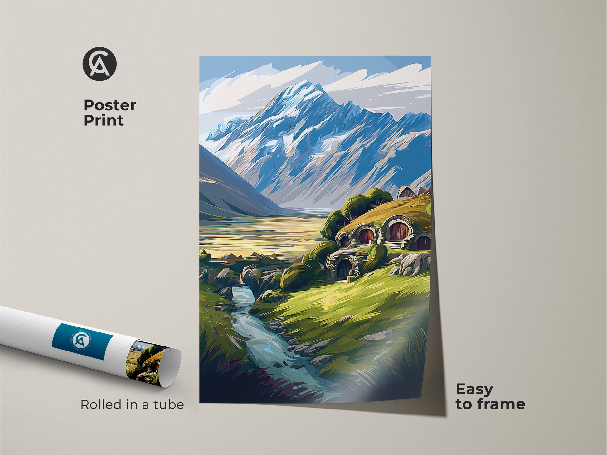 Poster print of a fantasy landscape. This mountain landscape wall art shows a hobbit hole home and a river. It is easy to frame and comes rolled in a tube.