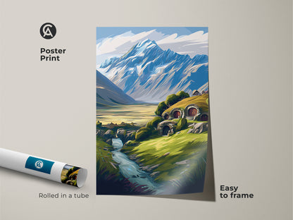 Poster print of a fantasy landscape. This mountain landscape wall art shows a hobbit hole home and a river. It is easy to frame and comes rolled in a tube.