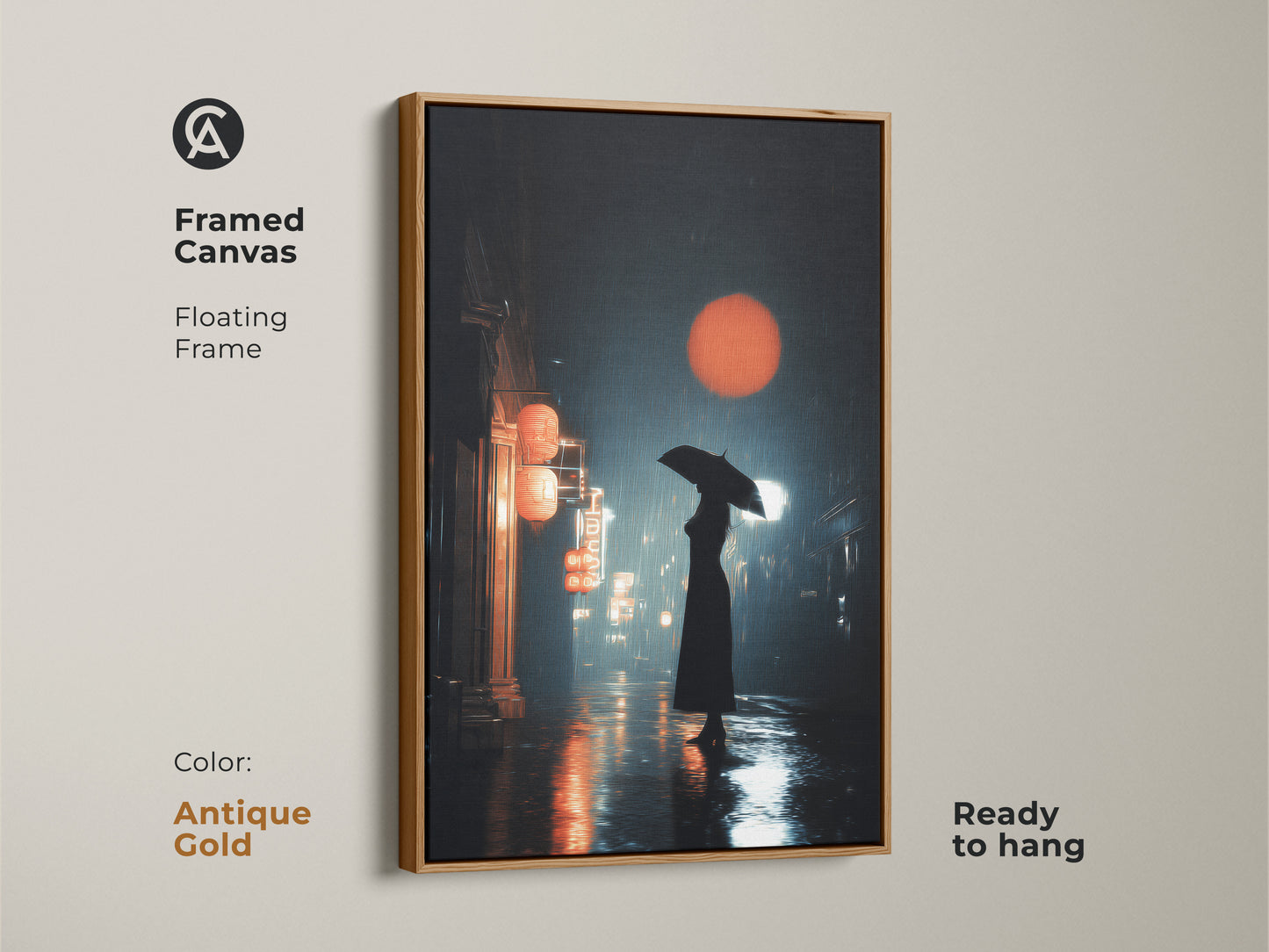 Antique gold framed canvas art displays a cinematic urban cityscape. A woman with an umbrella walks on a rainy night street. Red lanterns and orange sun art give travel decor. Ideal gift.