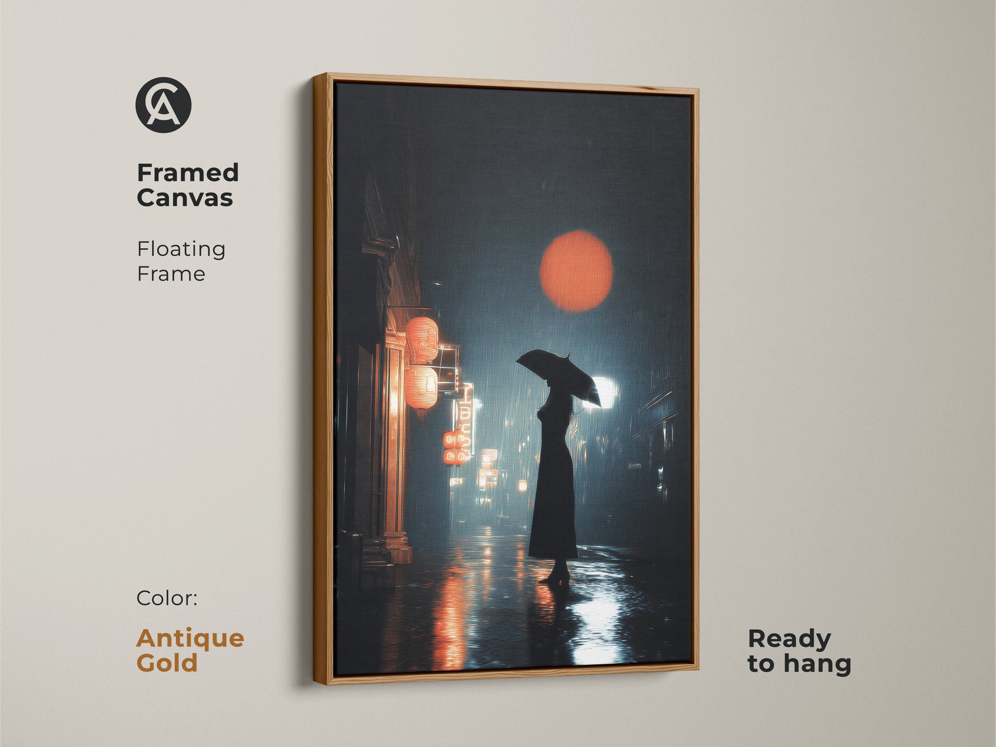 Antique gold framed canvas art displays a cinematic urban cityscape. A woman with an umbrella walks on a rainy night street. Red lanterns and orange sun art give travel decor. Ideal gift.
