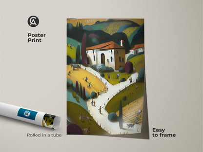 Poster print of a stylized folk art farmhouse landscape. The rural life wall art is easy to frame. The yellow orange green art captures a charming countryside scene. This art print is perfect as farmhouse kitchen decor. The folk art wall hanging is rolled in a tube for protection.