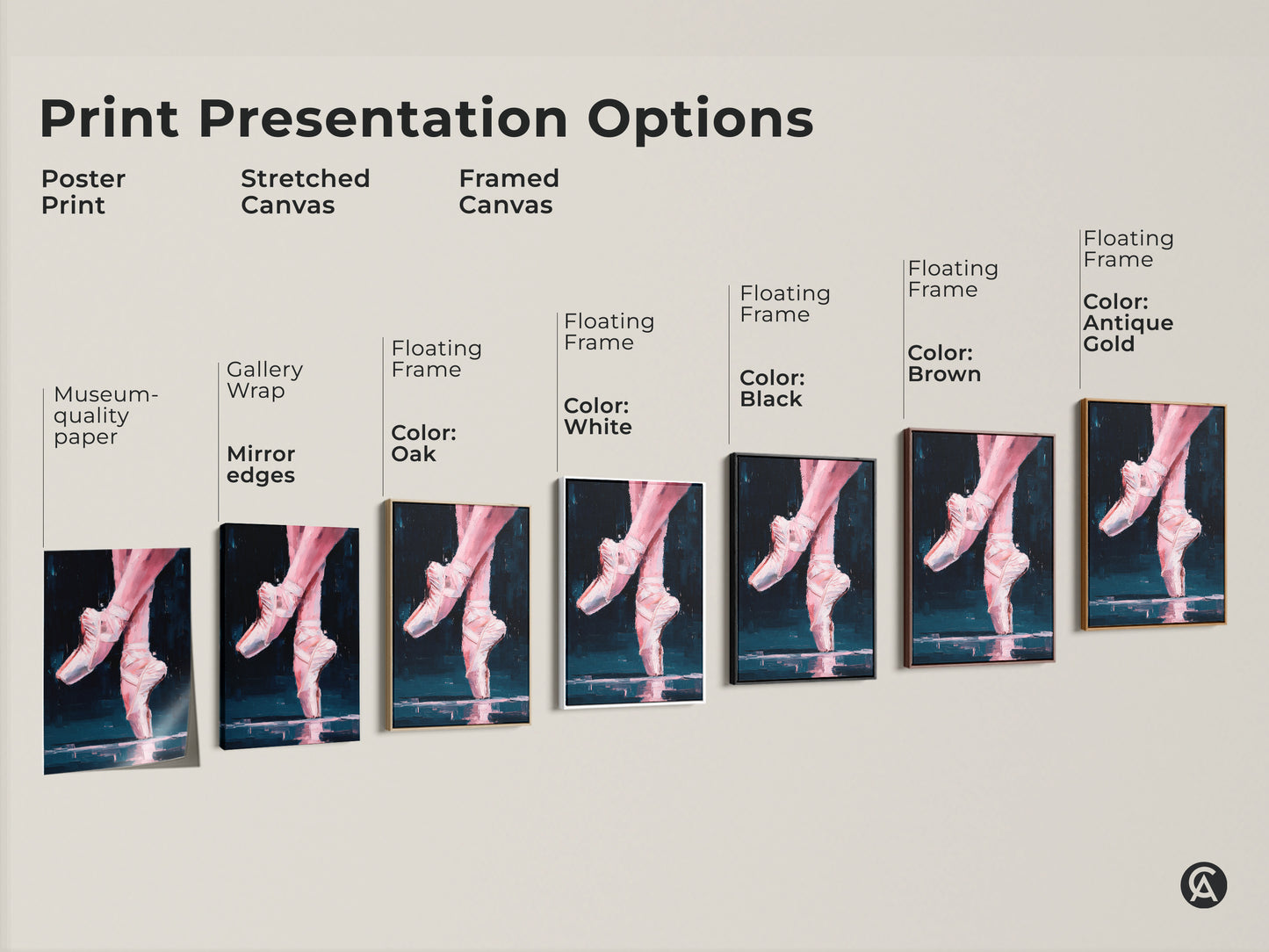 Print presentation options showcasing ballerina feet artwork. Choose from poster print stretched canvas or framed canvas. Available with various frame colors. Find the perfect ballet art for your space today.