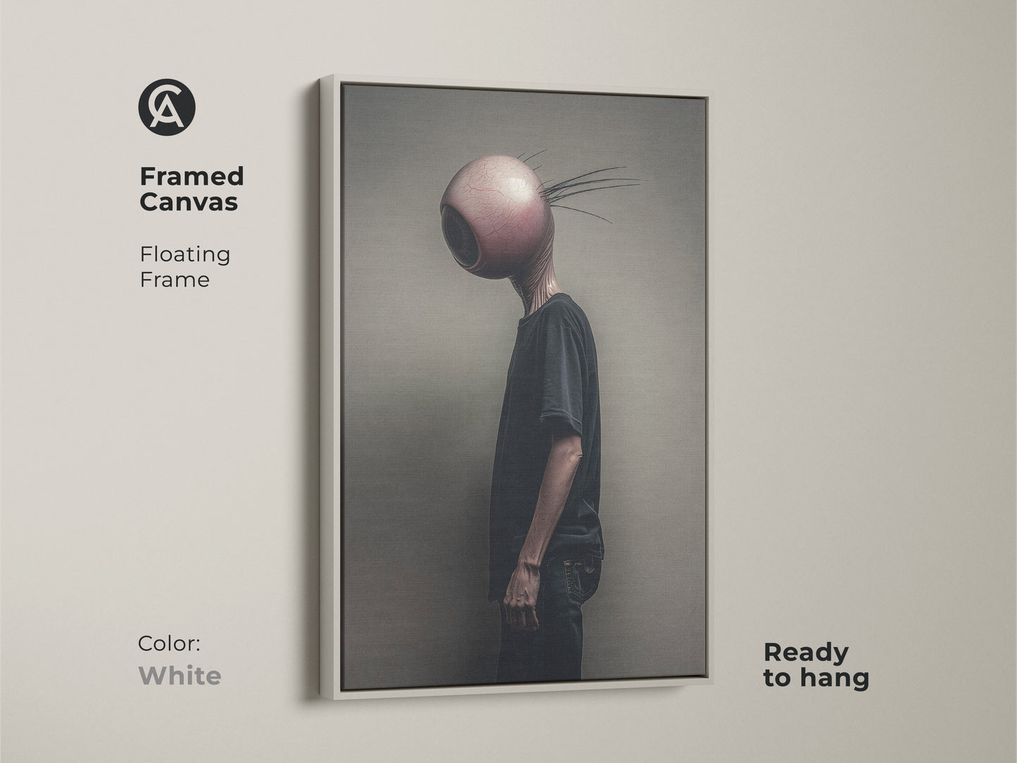 Featured is a framed canvas displaying an eyeball head alien character. The white floating frame gives this surreal art a clean modern look. Enhance your alternative bedroom decor with this dark art print. It is the perfect gift for those who appreciate unique wall art.