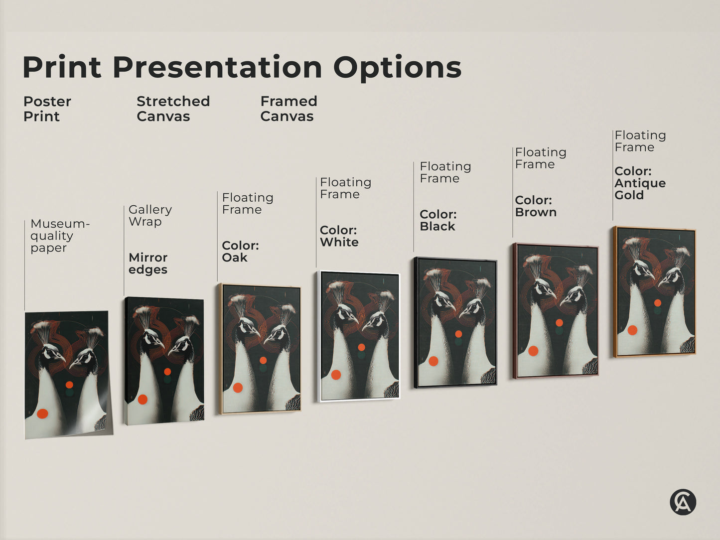 Print presentation options for Geometric Peacock Couple artwork. Choose between poster print stretched canvas and framed canvas. Pick from various frame colors for a personalized touch to your wall art.