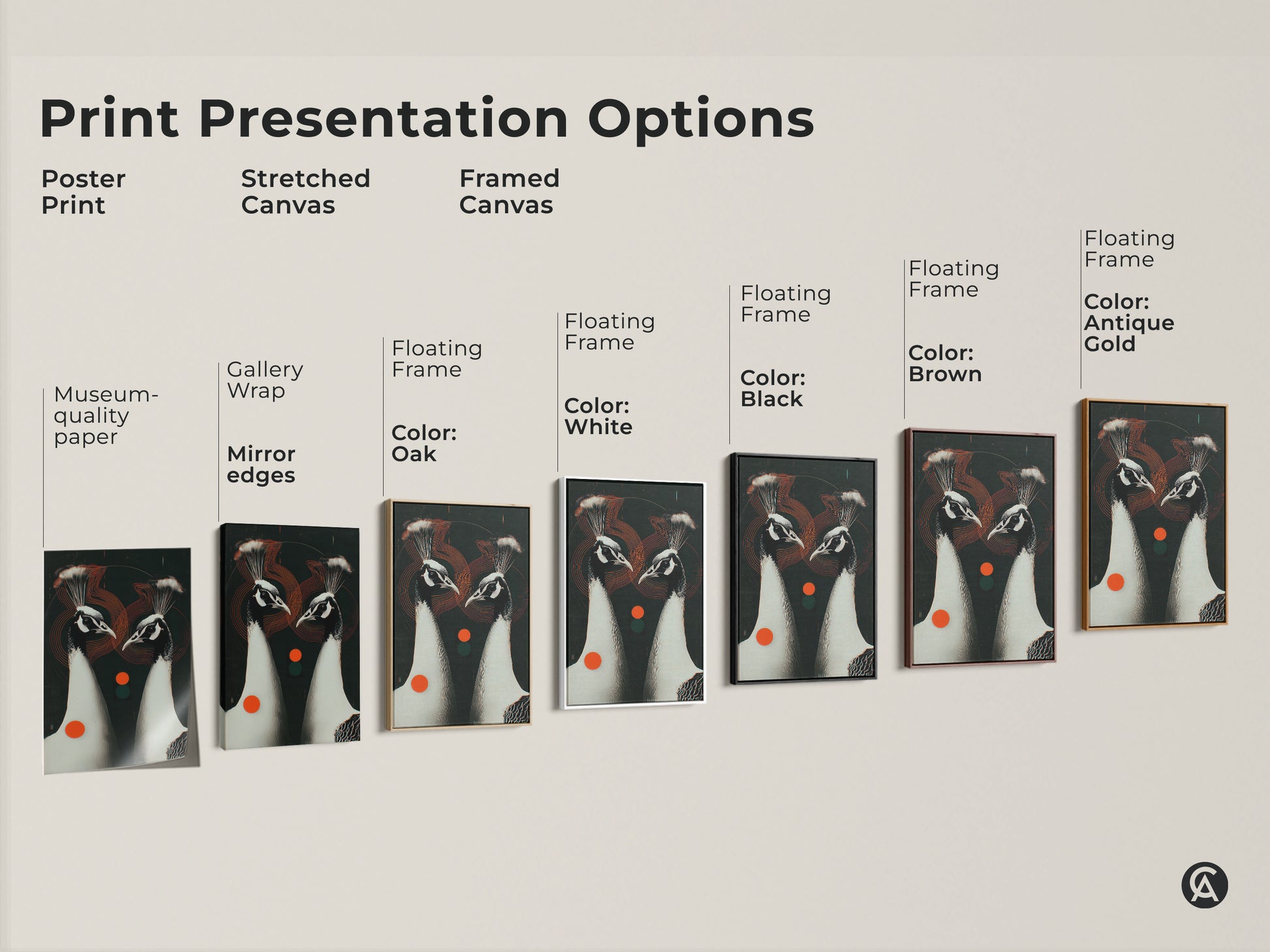 Print presentation options for Geometric Peacock Couple artwork. Choose between poster print stretched canvas and framed canvas. Pick from various frame colors for a personalized touch to your wall art.