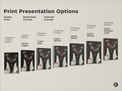 Print presentation options for Geometric Peacock Couple artwork. Choose between poster print stretched canvas and framed canvas. Pick from various frame colors for a personalized touch to your wall art.