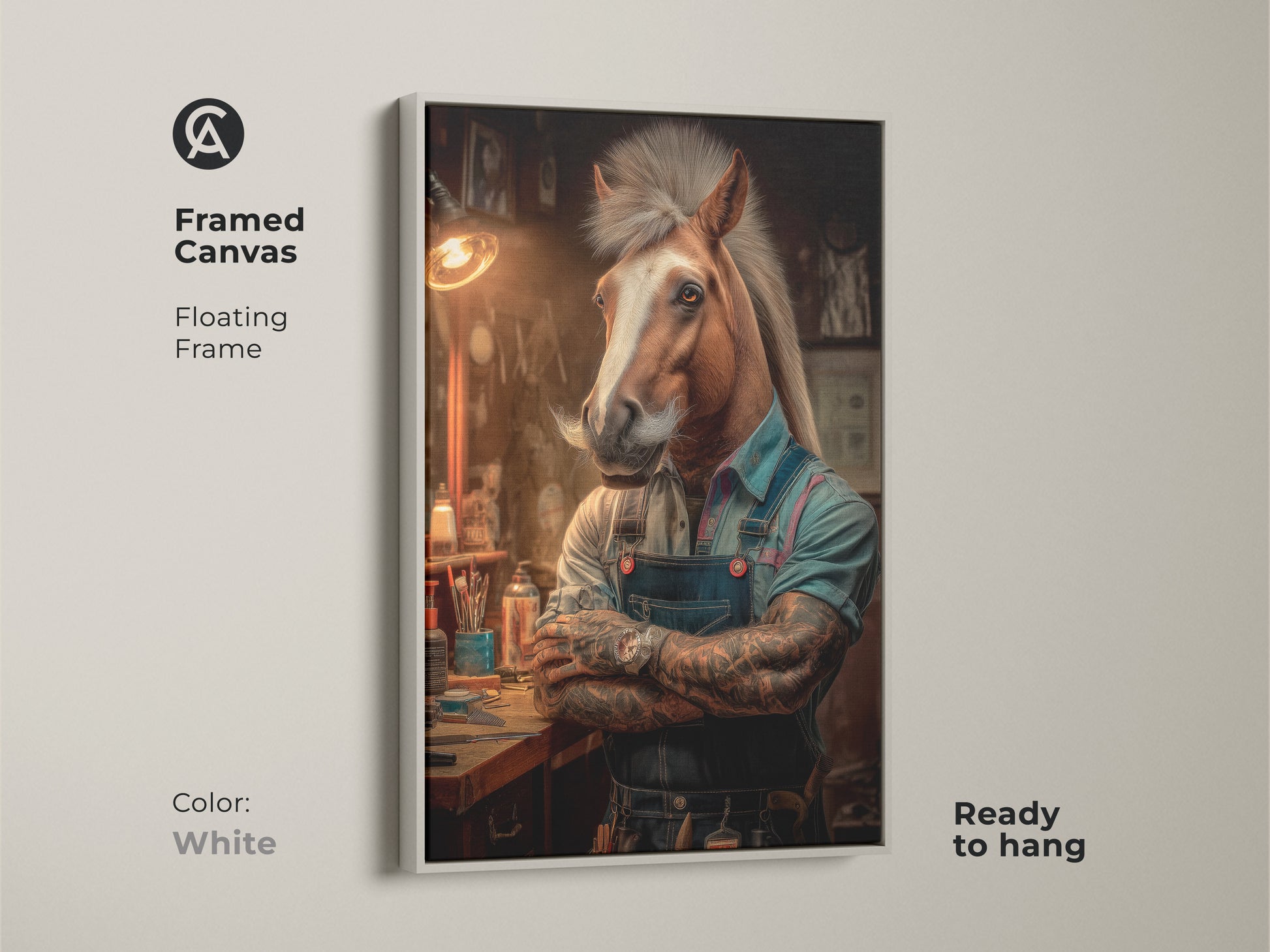 Framed canvas showcasing a surreal horse barber art print. Encased in a floating white frame this equestrian artwork stands out. Ready to hang this unique animal art adds personality to your wall decor. An excellent birthday gift for him or for anyone who appreciates quirky art.