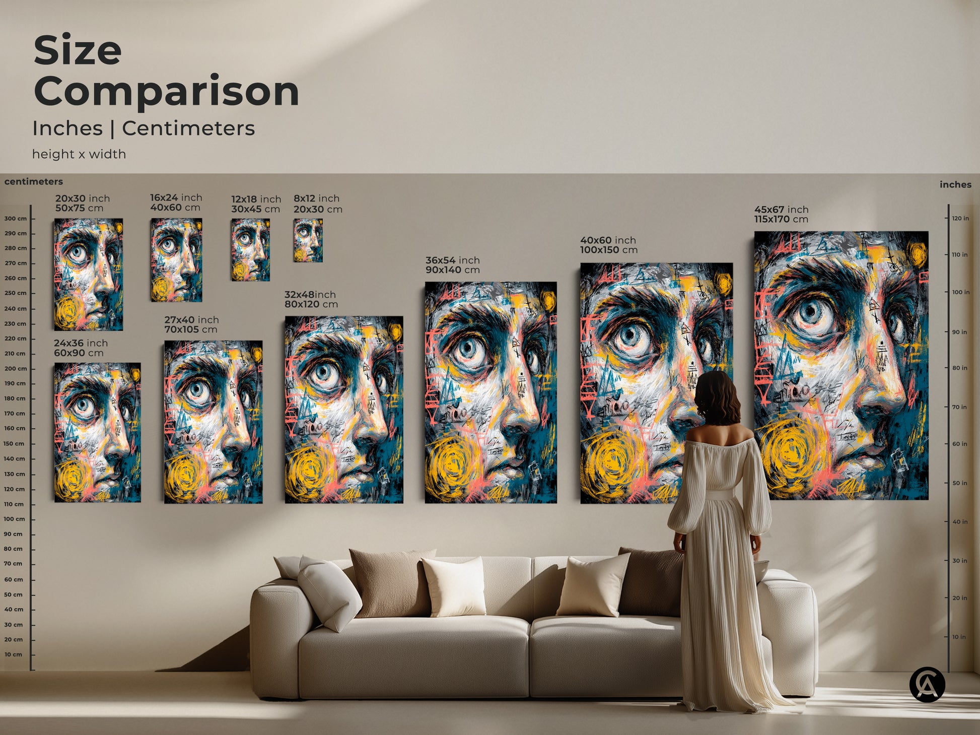Size comparison of abstract face art in inches and centimeters. See how different sizes look above a sofa. Choose from various dimensions to suit your space. Available as canvas or poster prints for any room.