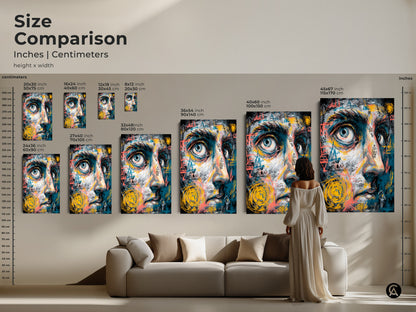 Size comparison of abstract face art in inches and centimeters. See how different sizes look above a sofa. Choose from various dimensions to suit your space. Available as canvas or poster prints for any room.