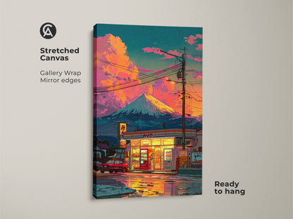Stretched canvas print featuring a colorful convenience store and Mount Fuji. The gallery wrap with mirror edges enhances the artwork. Ready to hang and admire. This canvas artwork brings Japanese scenery to your home. Perfect for art lovers seeking unique wall decor.