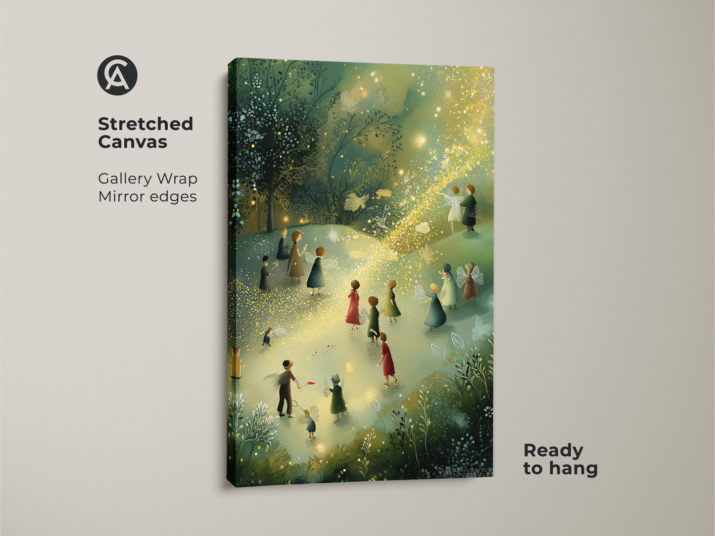Stretched canvas gallery wrap of a Boho Fairy Art Print. The artwork shows magical lights in a fantasy forest. This teal green and gold wall art is ideal boho kids room decor. Ready to hang for instant enchantment.
