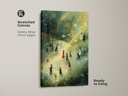 Stretched canvas gallery wrap of a Boho Fairy Art Print. The artwork shows magical lights in a fantasy forest. This teal green and gold wall art is ideal boho kids room decor. Ready to hang for instant enchantment.