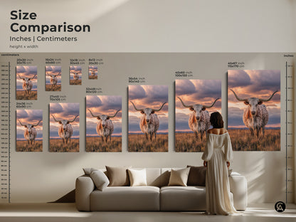 Compare sizes of Texas Longhorn prints in inches and centimeters. See how 20x30 to 45x67 inch art fits your space. Visualize savanna sunsets in your home with wildlife decor. Choose the ideal scale for your rustic cattle wall art.