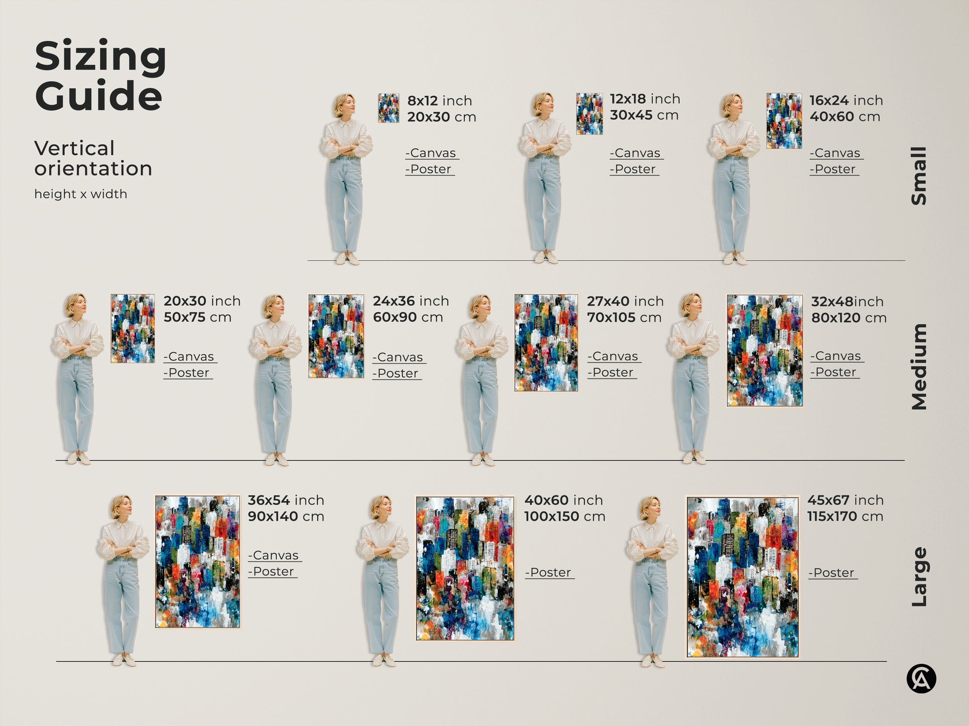 Sizing guide for vertical abstract city artwork. Available in small medium and large sizes. Visualize the artwork's impact in your space. Find the perfect fit for your decor needs. Choose from canvas or poster.