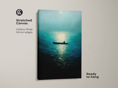 Stretched canvas of a deep blue seascape with a man in a rowboat. Gallery wrap with mirror edges gives a clean look. This minimalist nature artwork is ready to hang and brings ocean serenity to your home. Perfect coastal home decor.