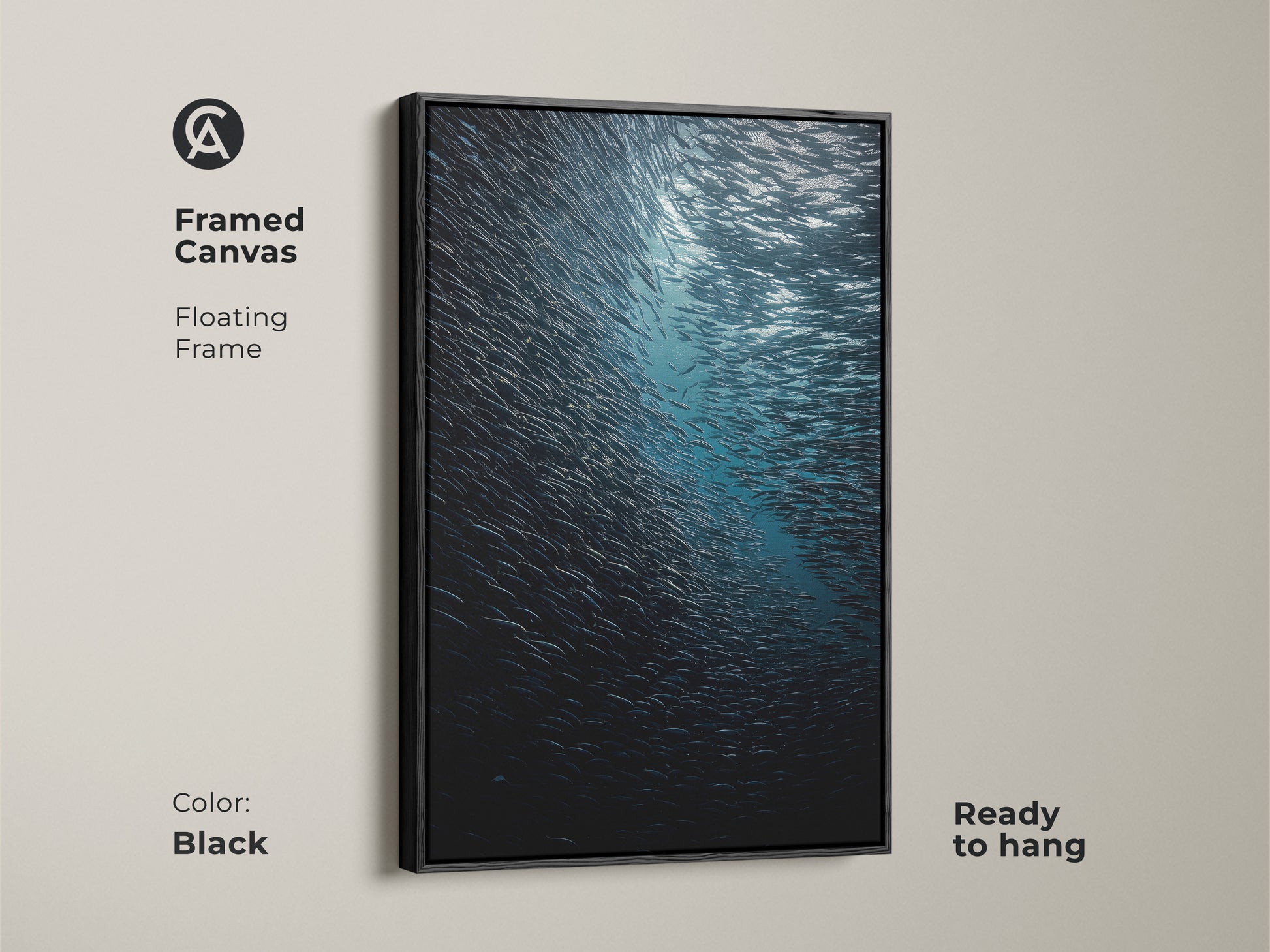 Framed canvas of underwater photography with a black floating frame. The teal blue ocean scene shows a school of fish creating captivating coastal wall art. This deep sea wildlife art is ready to hang bringing the beauty of the ocean indoors.