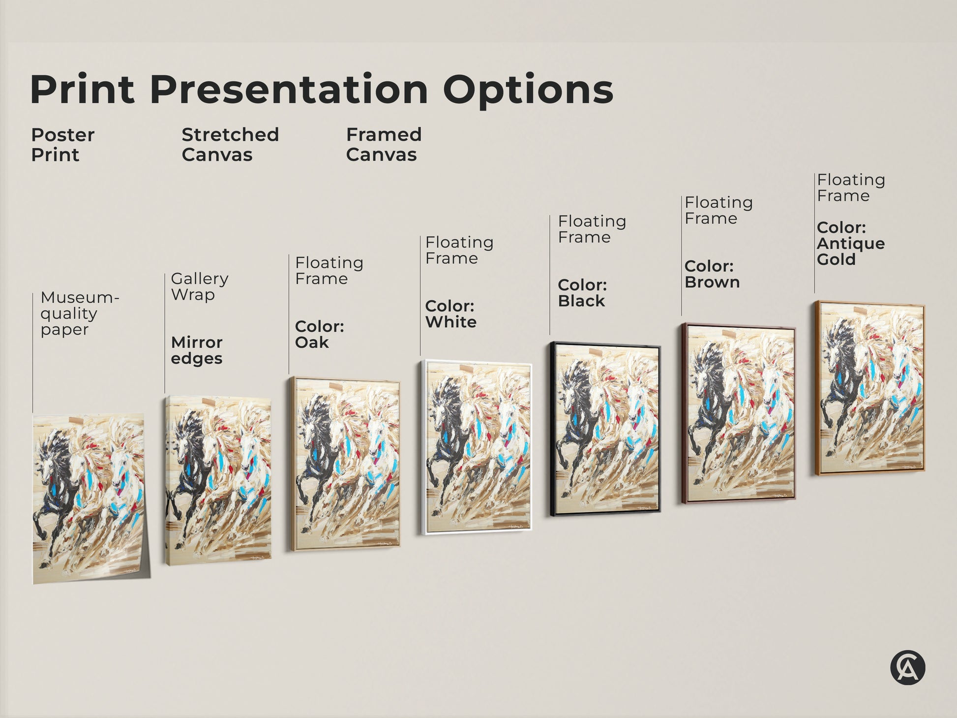 Various print presentation options for the three horses artwork. Choose from poster print stretched canvas or framed canvas. Frames come in white oak black brown or antique gold.