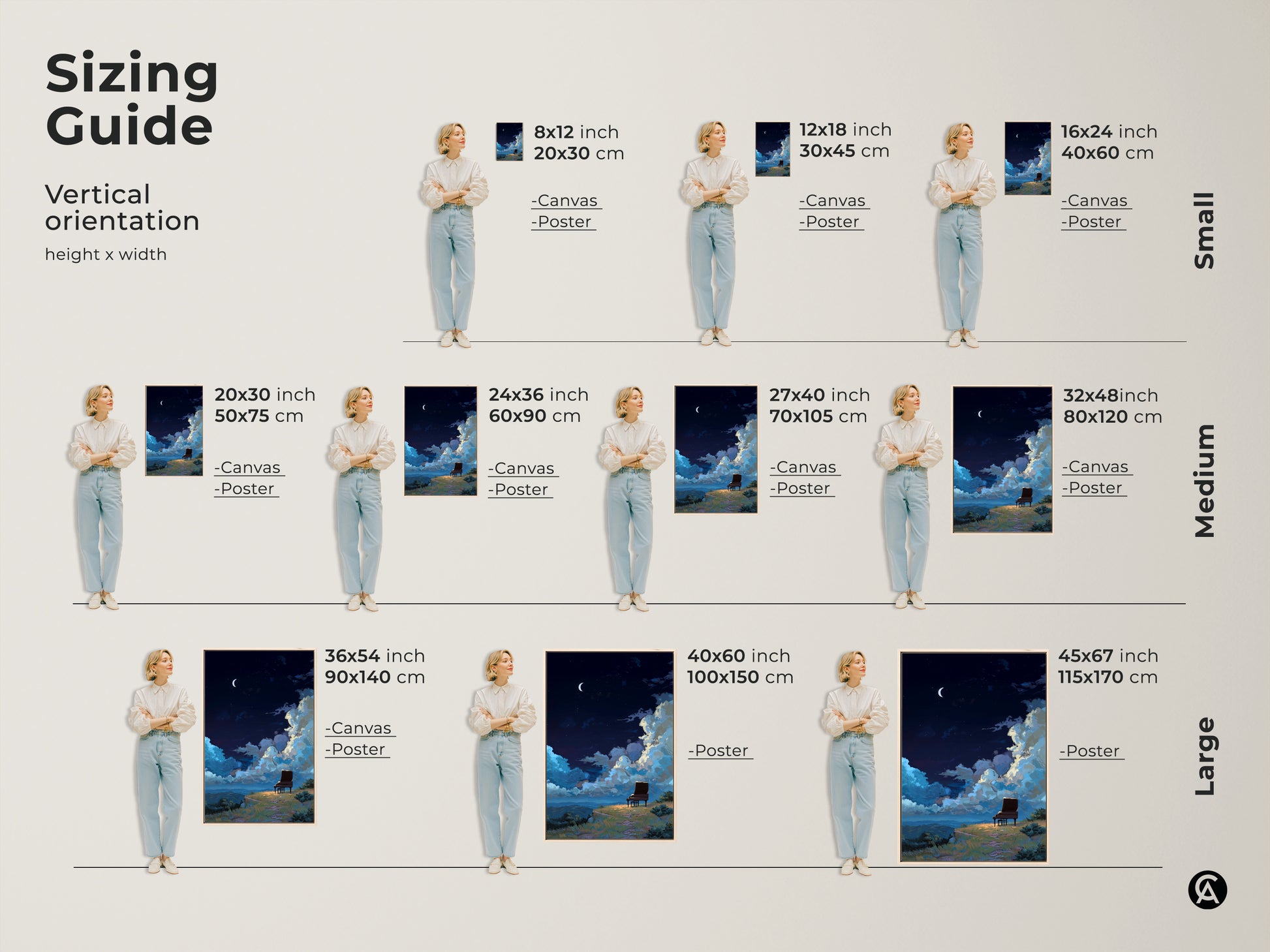 Sizing guide for vertical orientation of surreal grand piano art prints. Available as canvas or poster in small medium and large sizes. Find the perfect fit for your space.