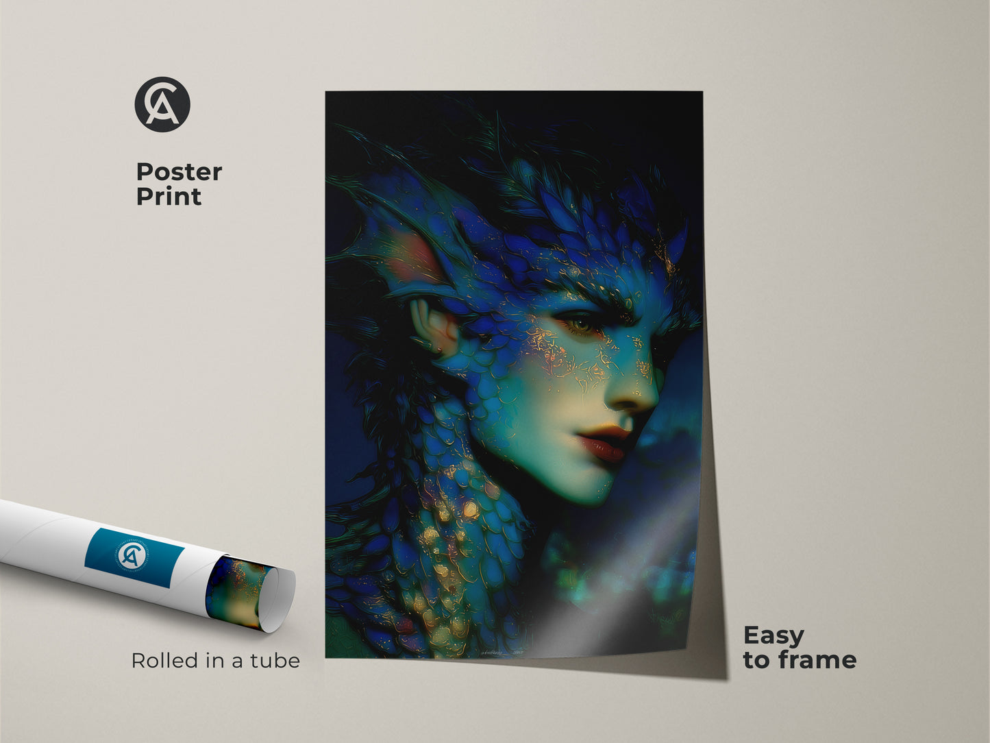 Poster print of a dark fantasy mermaid portrait. Featuring teal gold and deep blue tones. This surreal mythological artwork is easy to frame. A great eclectic poster for fantasy fans seeking unique wall decor for their home or office.