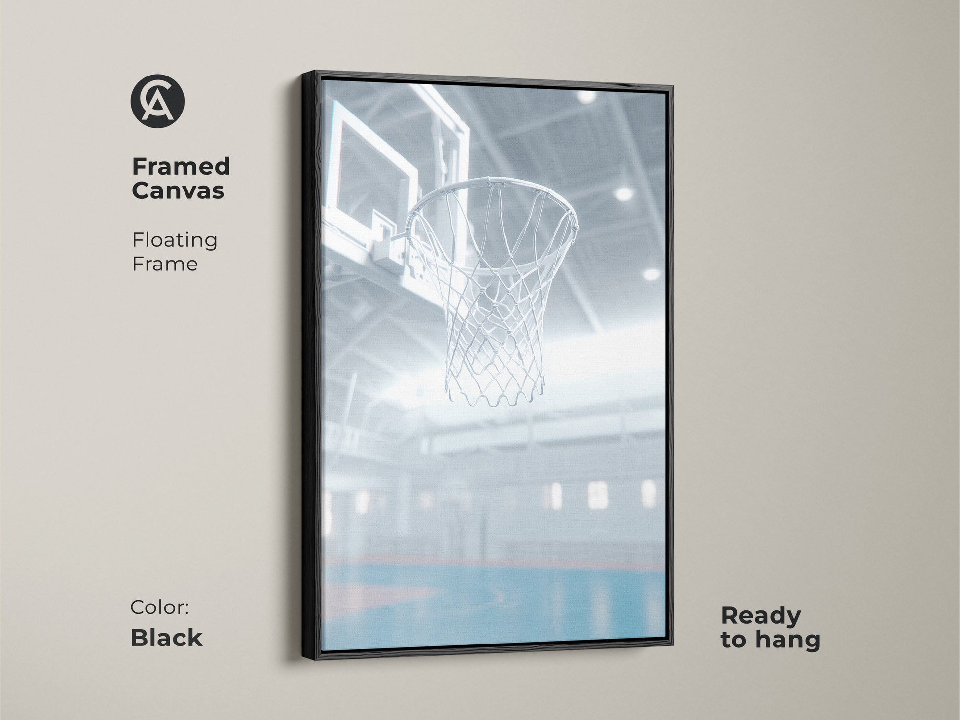 This is a framed canvas art of a basketball hoop. It has a floating frame in black. The artwork is ready to hang. This piece brings a touch of athletic inspiration to your decor. The black frame enhances the modern feel of the artwork.