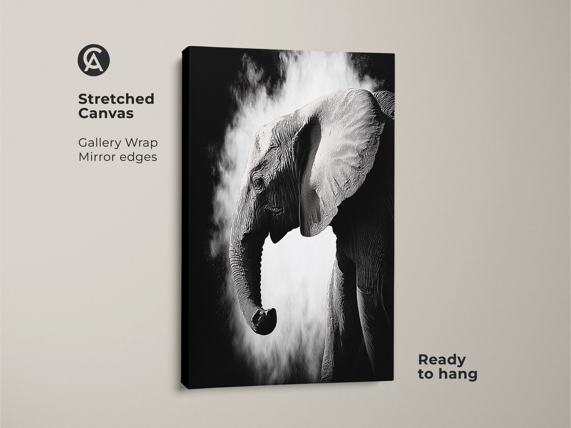 Stretched canvas featuring a monochrome elephant artwork ready to hang. This high-contrast wildlife print showcases the elephant's profile. The gallery wrap with mirrored edges enhances the contemporary animal wall decor. Ideal for adding a sophisticated touch to bedrooms or offices.