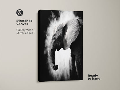 Stretched canvas featuring a monochrome elephant artwork ready to hang. This high-contrast wildlife print showcases the elephant's profile. The gallery wrap with mirrored edges enhances the contemporary animal wall decor. Ideal for adding a sophisticated touch to bedrooms or offices.