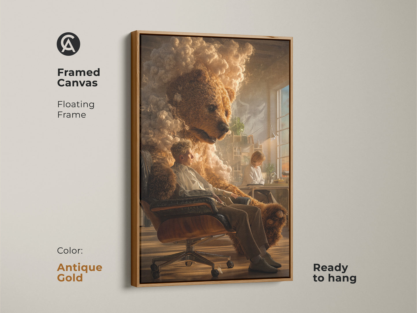 Framed canvas of surreal bear man art with an antique gold floating frame. The golden brown palette enhances any room. Perfect for eclectic homes or office spaces. High-quality art ideal for art collectors and as a thoughtful gift.