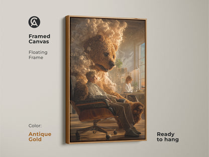 Framed canvas of surreal bear man art with an antique gold floating frame. The golden brown palette enhances any room. Perfect for eclectic homes or office spaces. High-quality art ideal for art collectors and as a thoughtful gift.