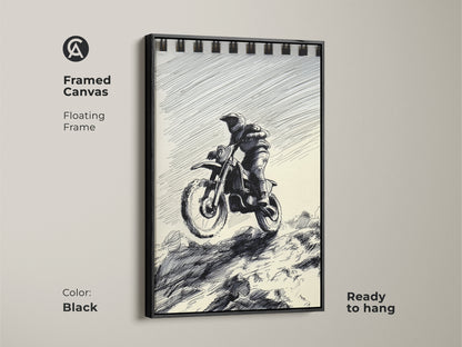 This framed canvas print features a Motocross Rider in sketch art. The floating frame is black and the art style is black and white with ink drawing. Ready to hang and perfect for garages. It's a great gift for action sports enthusiasts and motocross fans.