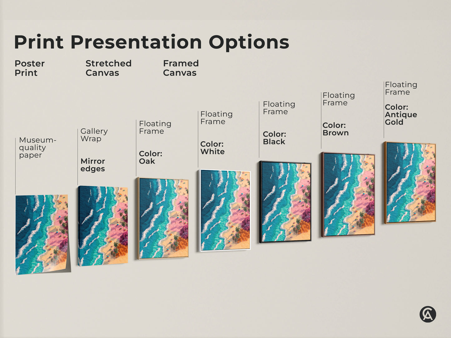 Print presentation options for beach artwork. See poster prints stretched canvas and framed canvas options. Choose from black brown antique gold or white floating frames for your art.