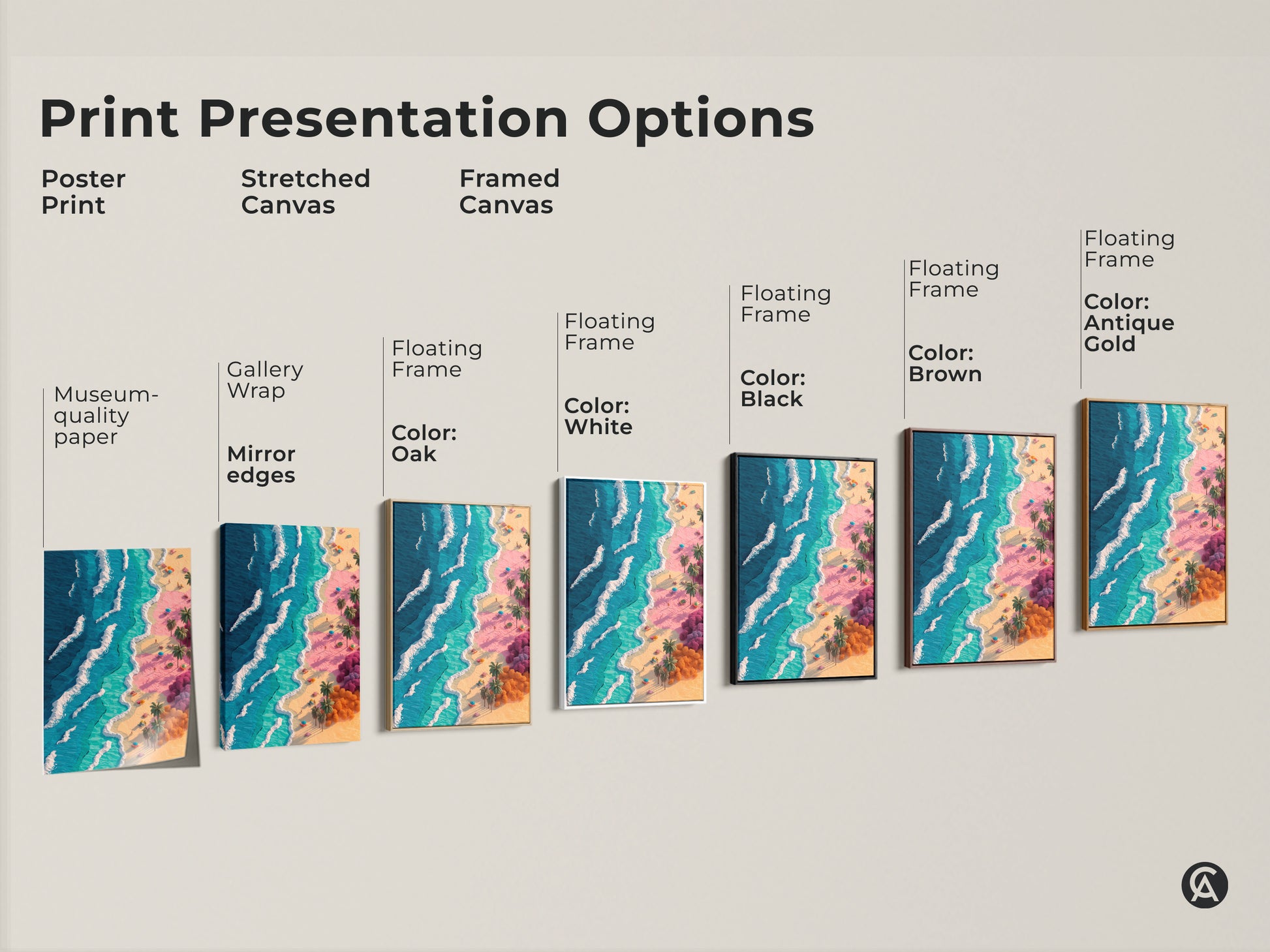 Print presentation options for beach artwork. See poster prints stretched canvas and framed canvas options. Choose from black brown antique gold or white floating frames for your art.