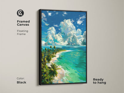 Framed canvas of a tropical island beach with a black floating frame. This ready-to-hang artwork showcases a beautiful scene with turquoise waters white sand and palm trees under a cloudy sky. Add a touch of paradise to your home with this beach art.