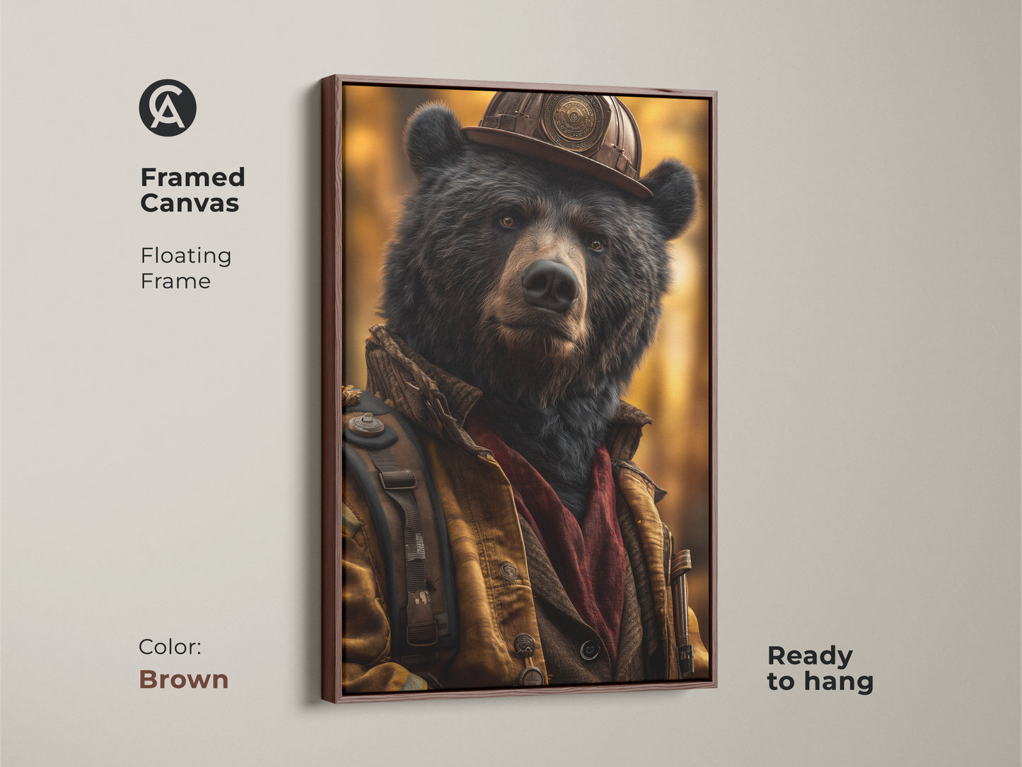A framed canvas in a brown floating frame features wildlife art. See the bear firefighter artwork. This animal character painting adds eclectic style. Its a unique gift for dad on his birthday. Add this to your study room wall art