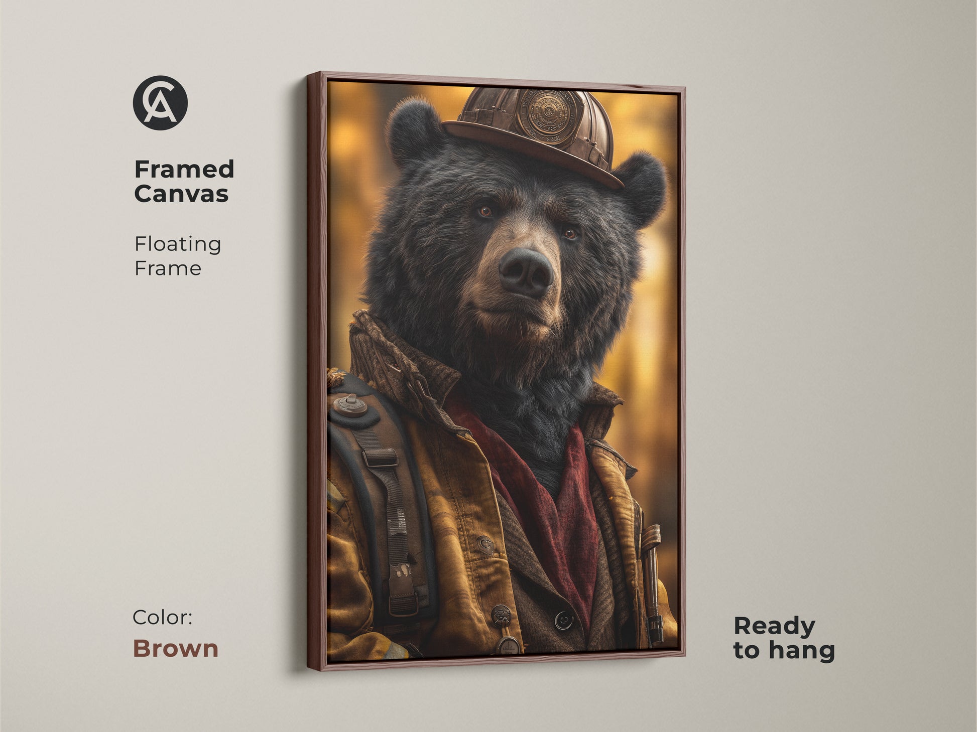 A framed canvas in a brown floating frame features wildlife art. See the bear firefighter artwork. This animal character painting adds eclectic style. Its a unique gift for dad on his birthday. Add this to your study room wall art