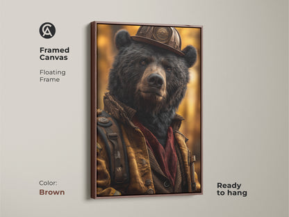 A framed canvas in a brown floating frame features wildlife art. See the bear firefighter artwork. This animal character painting adds eclectic style. Its a unique gift for dad on his birthday. Add this to your study room wall art