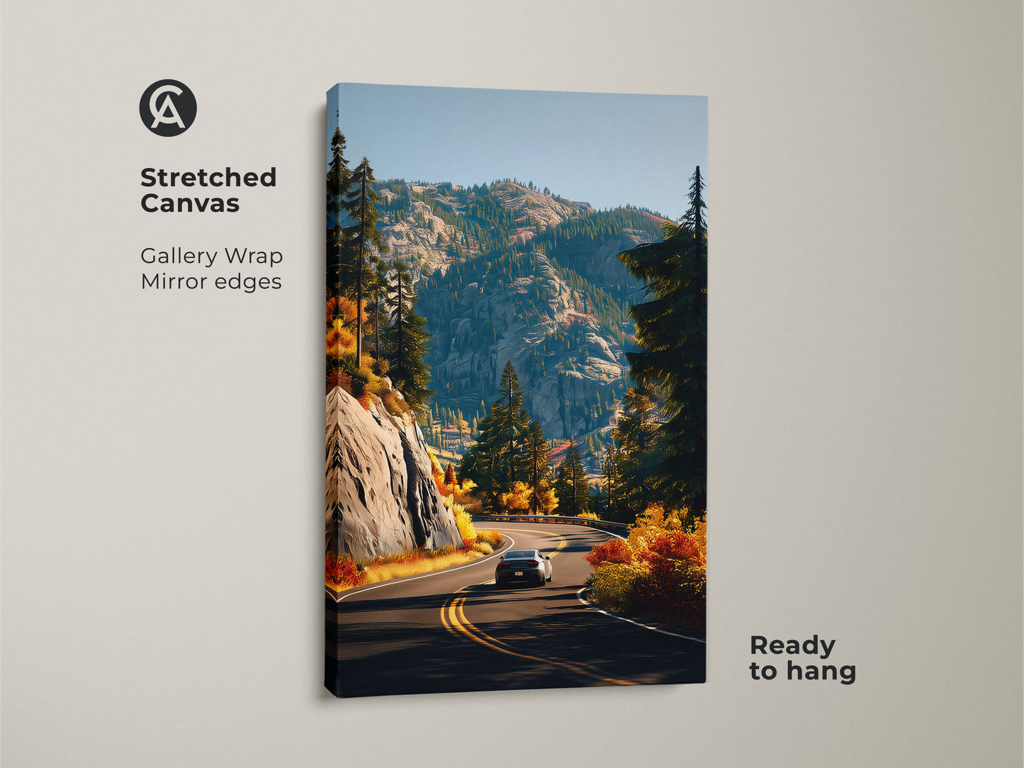 Stretched canvas art featuring a mountain road. A car drives through a landscape of autumn colors. This gallery-wrapped artwork has mirror edges. It is ready to hang. A perfect nature travel poster for home or office. This piece adds scenic beauty to any space.