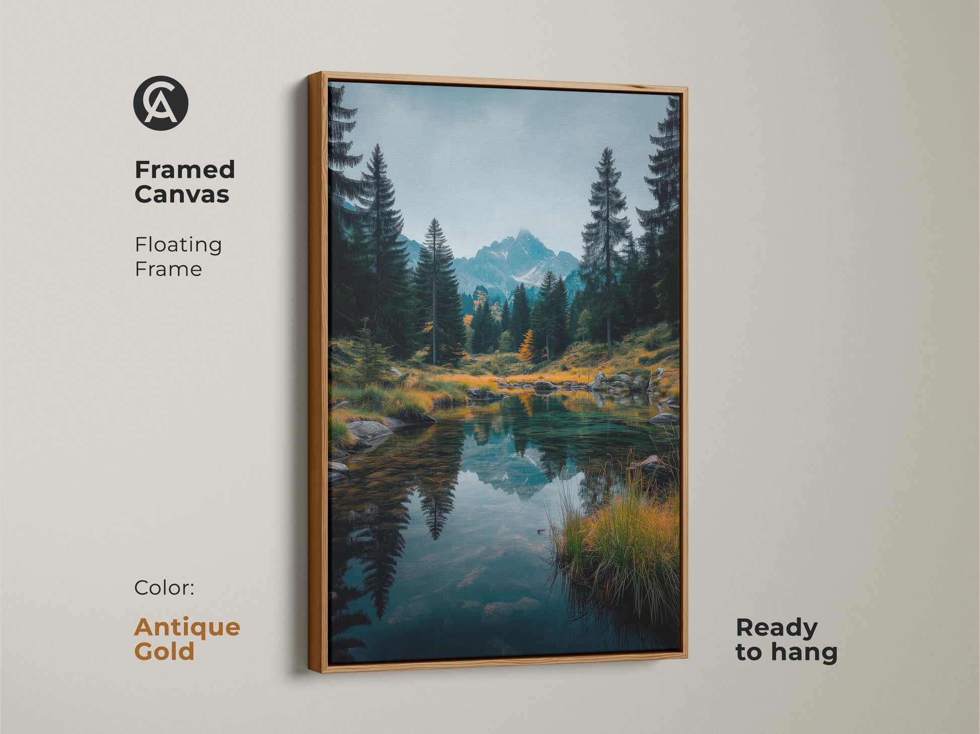 Antique gold framed canvas art. This elegant floating frame highlights the mountain lake artwork. Ready to hang this piece adds sophistication to any room. Elevate your decor with this framed art.