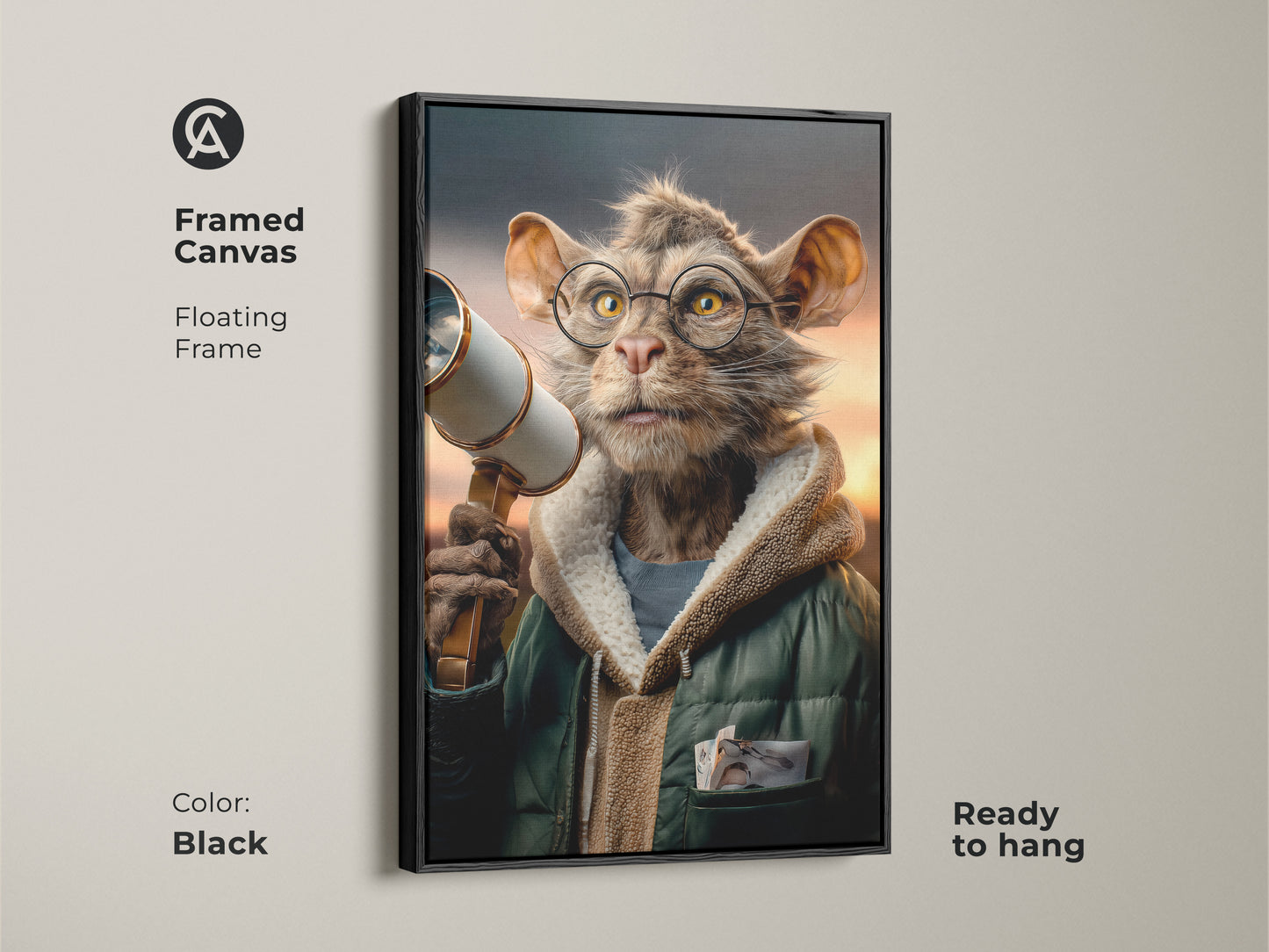 Framed canvas art of a surreal cat with glasses holding a telescope. The floating frame is black and the artwork is ready to hang. This brown green and orange animal art is perfect for cat lovers seeking unique eclectic office decor. It adds a whimsical touch.