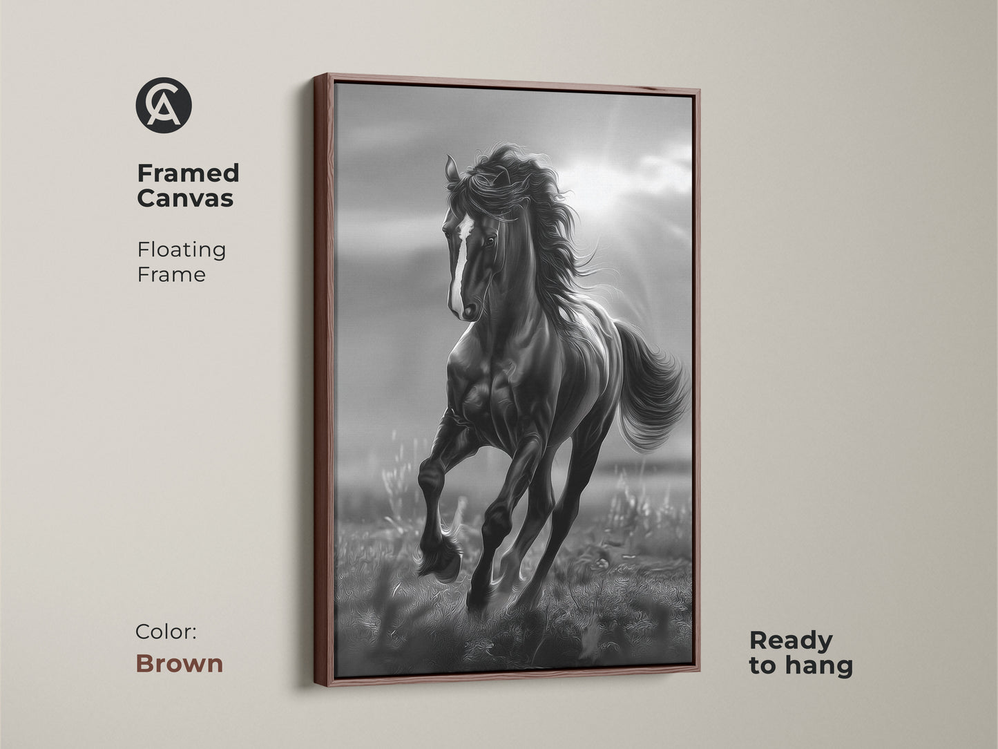 A framed canvas featuring a black and white horse in motion. The horse artwork is ready to hang. It features a rich brown floating frame. This elegant piece of animal art adds a sophisticated touch to your wall decor.