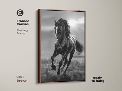 A framed canvas featuring a black and white horse in motion. The horse artwork is ready to hang. It features a rich brown floating frame. This elegant piece of animal art adds a sophisticated touch to your wall decor.