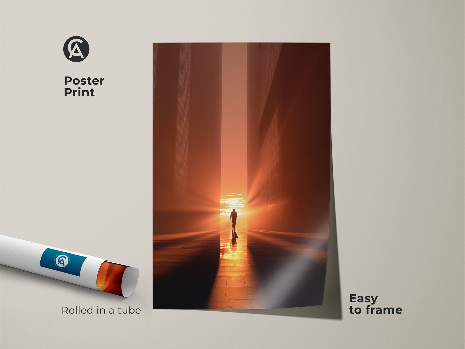 Poster print of a minimalist cityscape canvas art piece rolled in a tube. The inspirational figure art features a walking man print in golden light. This abstract sun artwork is easy to frame. It's perfect for modern abstract art lovers seeking contemporary decor.