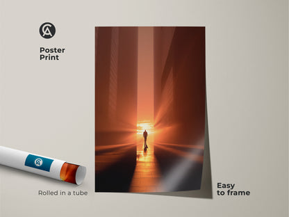 Poster print of a minimalist cityscape canvas art piece rolled in a tube. The inspirational figure art features a walking man print in golden light. This abstract sun artwork is easy to frame. It's perfect for modern abstract art lovers seeking contemporary decor.