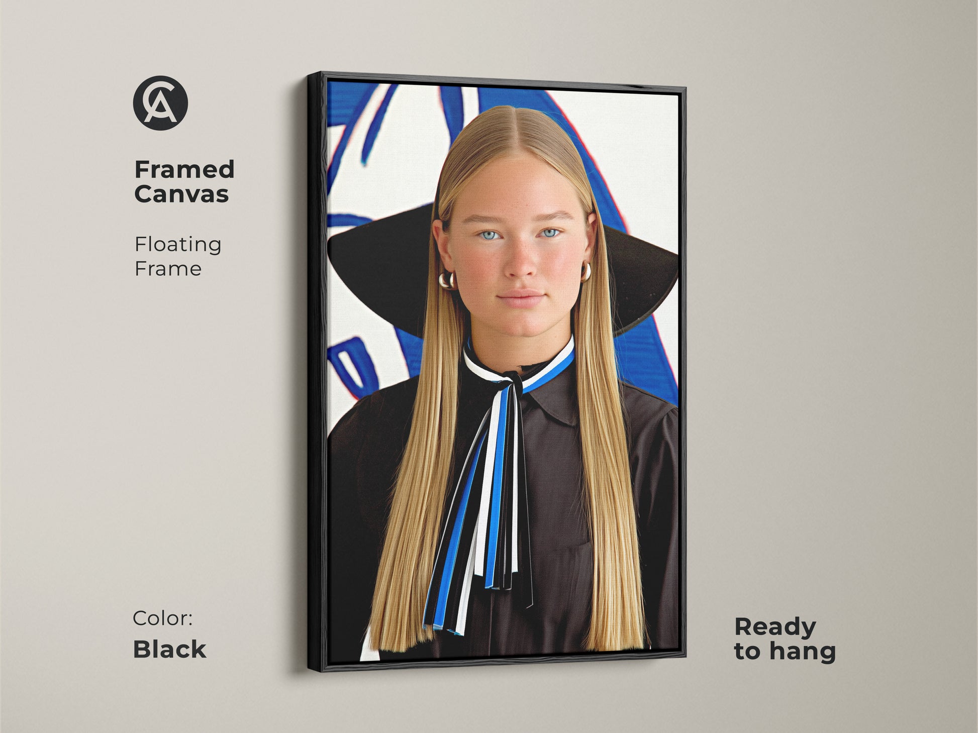 Framed Canvas of an abstract woman portrait with blue white and black hues. A floating frame complements this modern female artwork. The stylish portrait art is ready to hang. This contemporary art is ideal for a chic living room or bedroom. It adds upscale home decor.