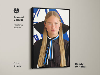 Framed Canvas of an abstract woman portrait with blue white and black hues. A floating frame complements this modern female artwork. The stylish portrait art is ready to hang. This contemporary art is ideal for a chic living room or bedroom. It adds upscale home decor.