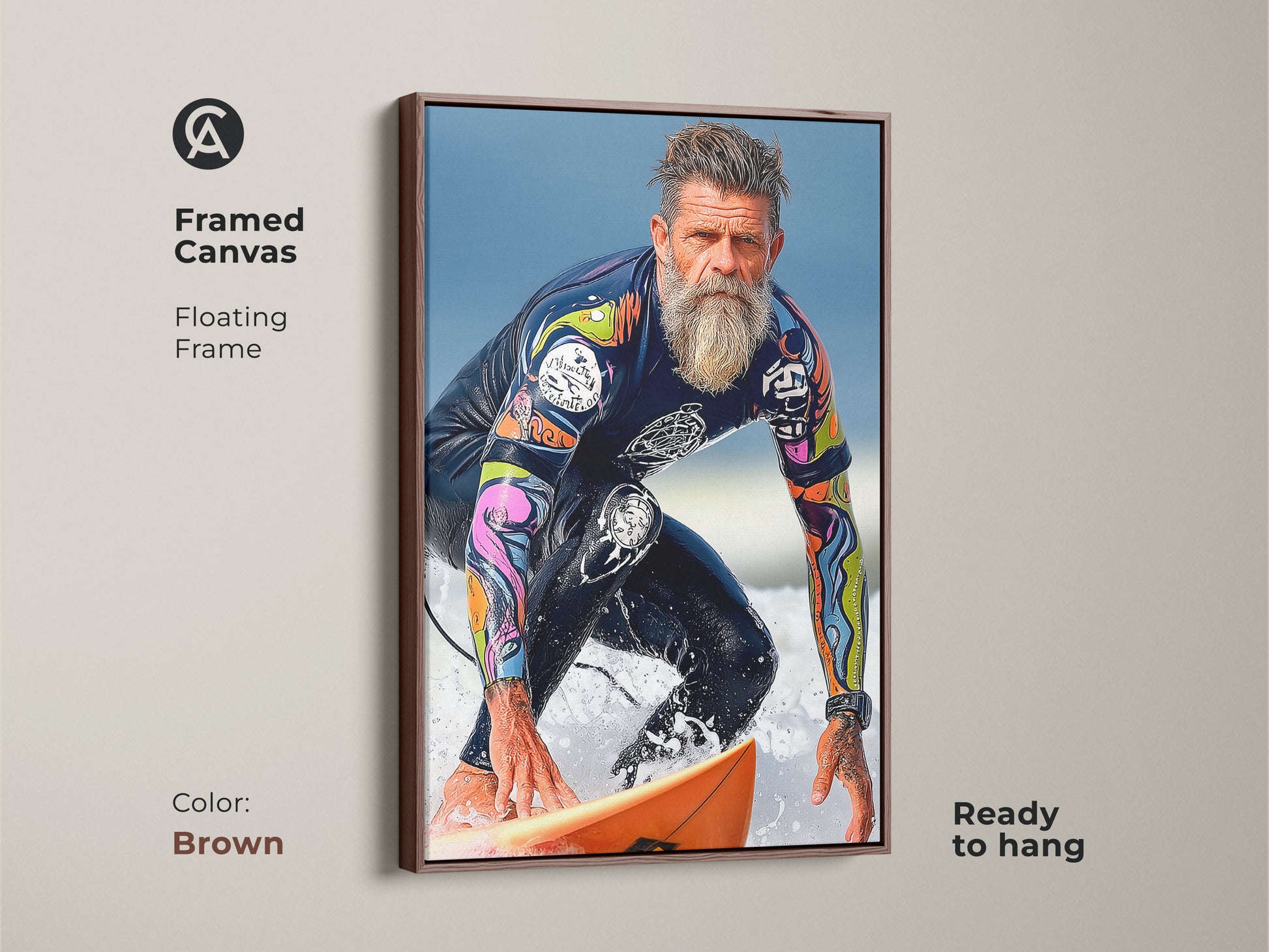 A brown framed canvas features vintage surfer wall artwork. The print is ready to hang with a surfer riding a wave. It is a modern realism piece for man cave decor. Its ocean action is a gift for surfers.
